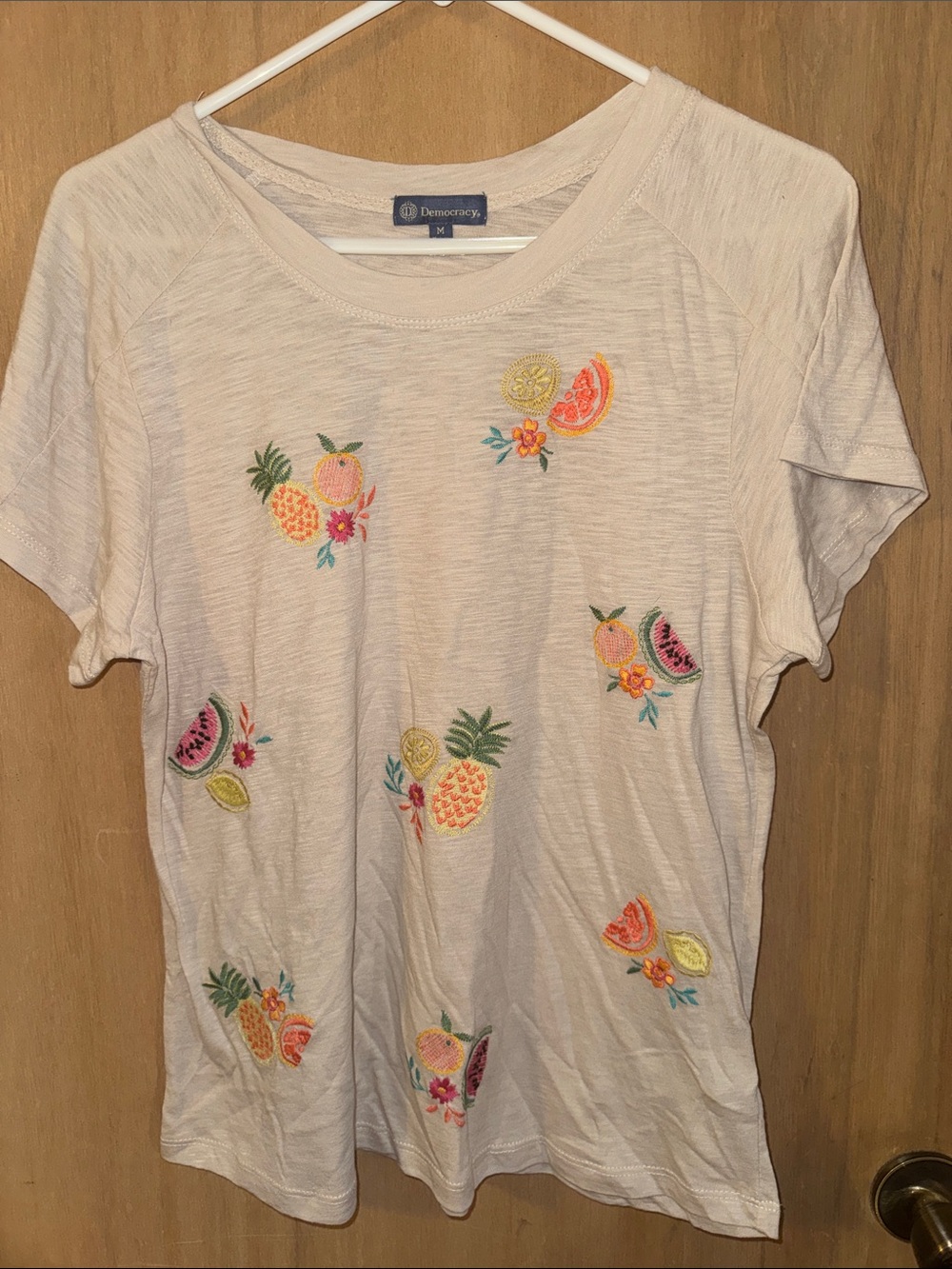 Democracy Short-Sleeve Tee with Colorful Fruit Embroidery Medium